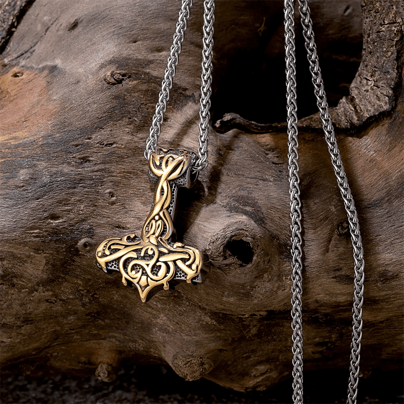 VIKING RUNES THOR HAMMER GOLD - Pure Titanium Steel Necklace with 24 inch Chain for Men & Boys - THE MEN THING