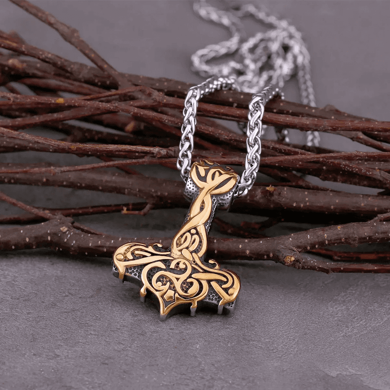 VIKING RUNES THOR HAMMER GOLD - Pure Titanium Steel Necklace with 24 inch Chain for Men & Boys - THE MEN THING