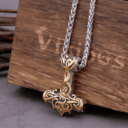 VIKING RUNES THOR HAMMER GOLD - Pure Titanium Steel Necklace with 24 inch Chain for Men & Boys - THE MEN THING