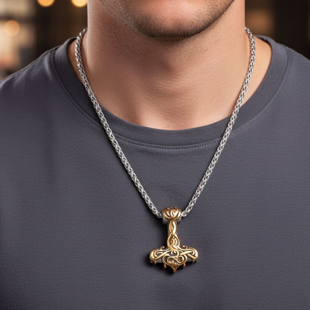 VIKING RUNES THOR HAMMER GOLD - Pure Titanium Steel Necklace with 24 inch Chain for Men & Boys - THE MEN THING