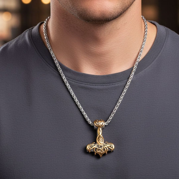 VIKING RUNES THOR HAMMER GOLD - Pure Titanium Steel Necklace with 24 inch Chain for Men & Boys