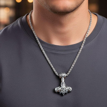 VIKING RUNES THOR HAMMER SILVER -- Pure Titanium Steel Necklace with 24 inch Chain for Men & Boys - THE MEN THING