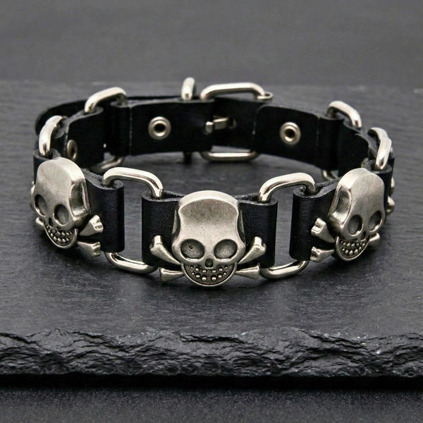 VIKING SKULL - 23 mm Genuine Leather Adjustable Bracelet for Men & Boys (8 to 9 inch)