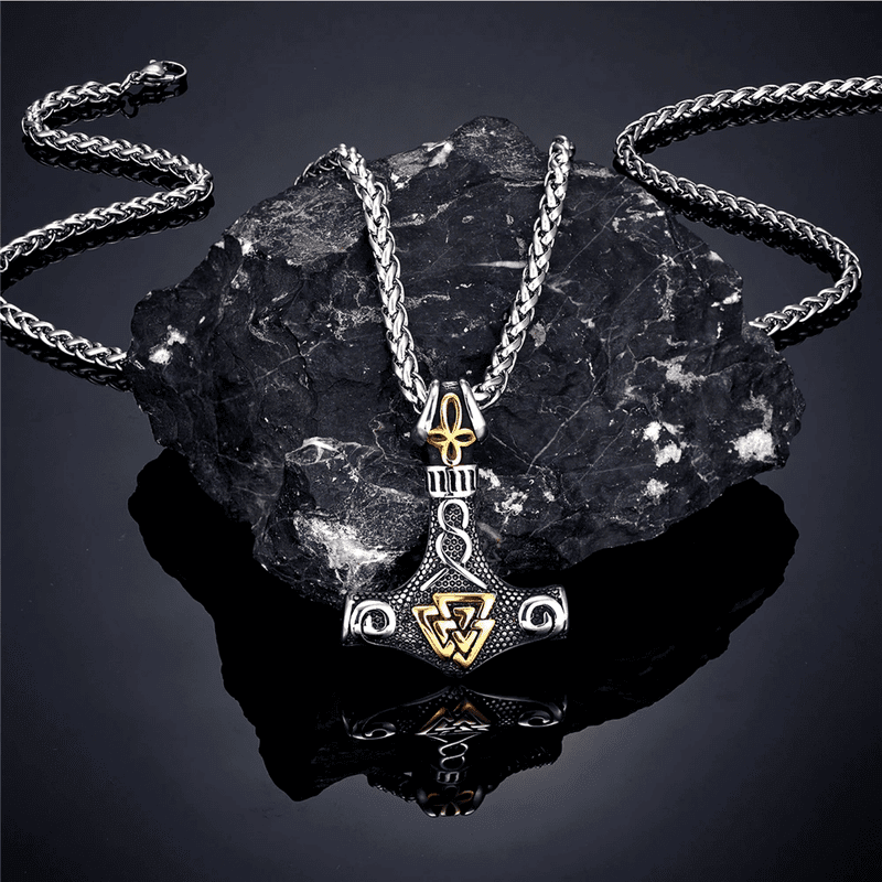 VIKING THOR HAMMER VALKNUT GOLD - Pure Titanium Steel Necklace with 24 inch Chain for Men & Boys - THE MEN THING