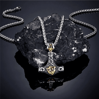 VIKING THOR HAMMER VALKNUT GOLD - Pure Titanium Steel Necklace with 24 inch Chain for Men & Boys - THE MEN THING