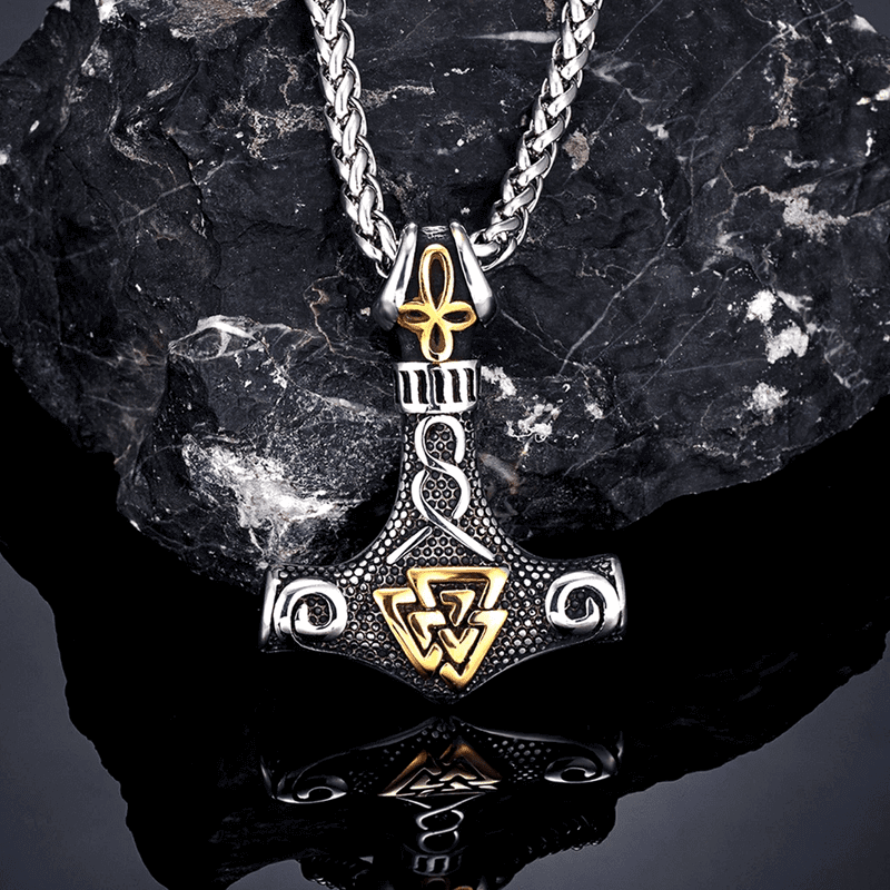 VIKING THOR HAMMER VALKNUT GOLD - Pure Titanium Steel Necklace with 24 inch Chain for Men & Boys - THE MEN THING
