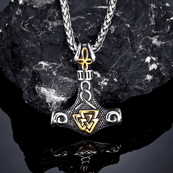 VIKING THOR HAMMER VALKNUT GOLD - Pure Titanium Steel Necklace with 24 inch Chain for Men & Boys