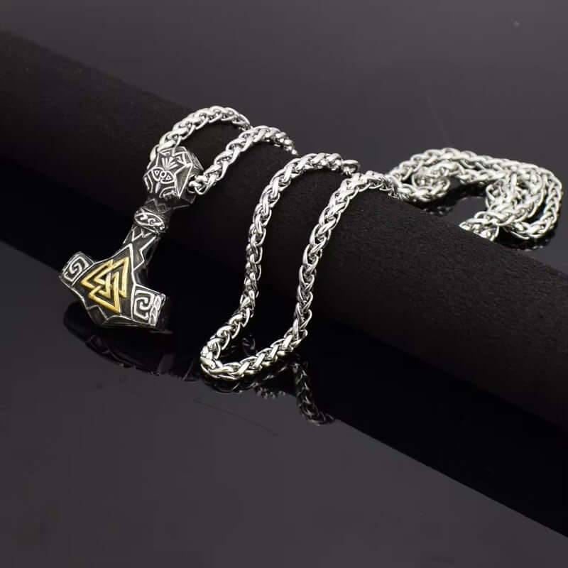 VIKING THOR HAMMER VALKNUT GOLD - Pure Titanium Steel Necklace with 24 inch Chain for Men & Boys - THE MEN THING