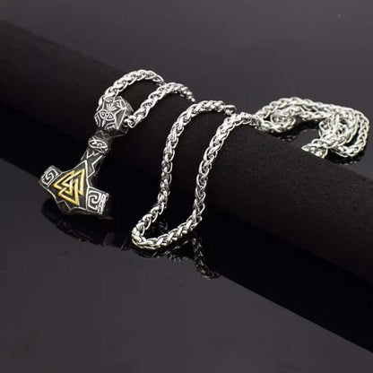 VIKING THOR HAMMER VALKNUT GOLD - Pure Titanium Steel Necklace with 24 inch Chain for Men & Boys - THE MEN THING