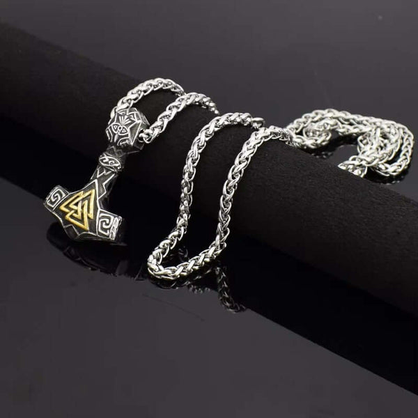VIKING THOR HAMMER VALKNUT GOLD - Pure Titanium Steel Necklace with 24 inch Chain for Men & Boys