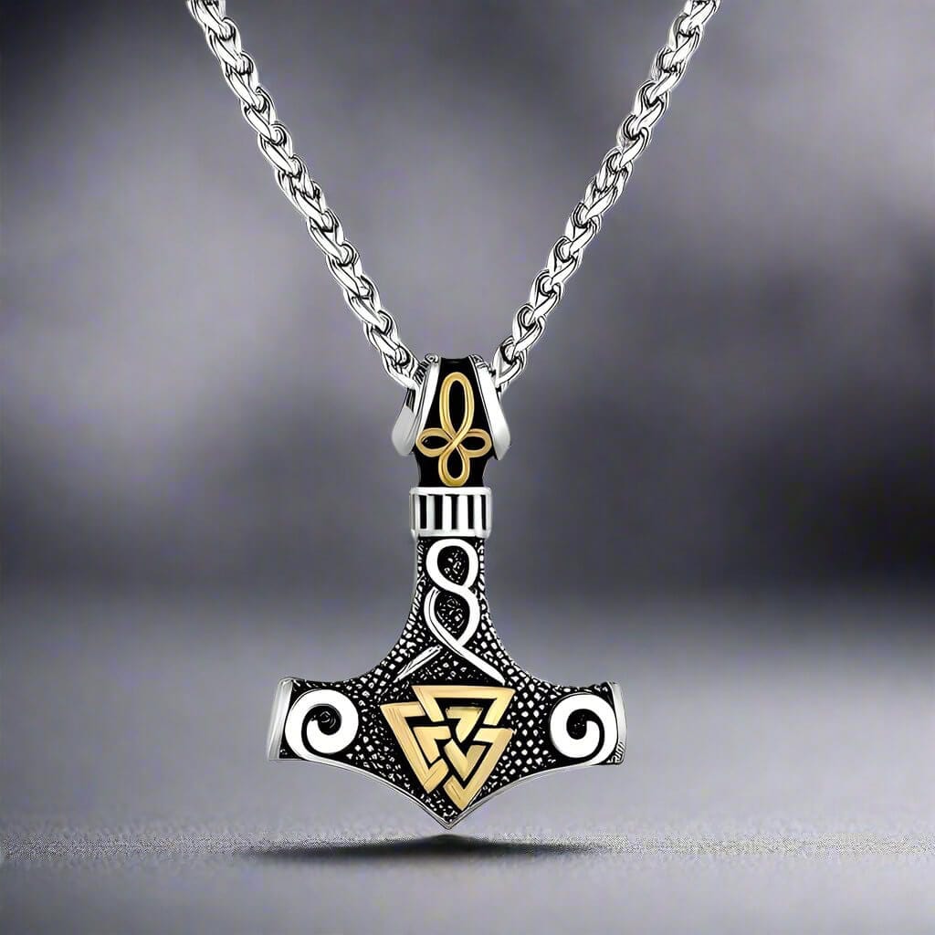 VIKING THOR HAMMER VALKNUT GOLD - Pure Titanium Steel Necklace with 24 inch Chain for Men & Boys - THE MEN THING