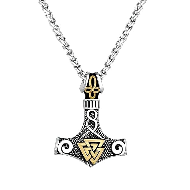 VIKING THOR HAMMER VALKNUT GOLD - Pure Titanium Steel Necklace with 24 inch Chain for Men & Boys - THE MEN THING