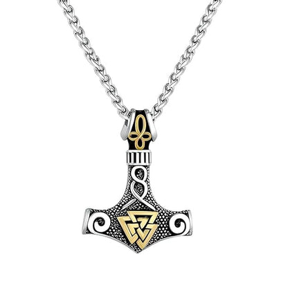 VIKING THOR HAMMER VALKNUT GOLD - Pure Titanium Steel Necklace with 24 inch Chain for Men & Boys - THE MEN THING