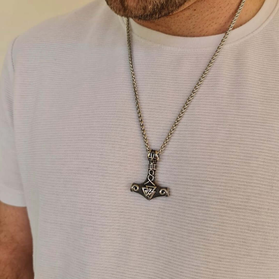 VIKING THOR HAMMER VALKNUT SILVER - Pure Titanium Steel Necklace with 24 inch Chain for Men & Boys - THE MEN THING