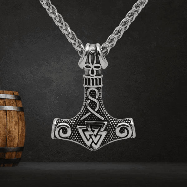 VIKING THOR HAMMER VALKNUT SILVER - Pure Titanium Steel Necklace with 24 inch Chain for Men & Boys