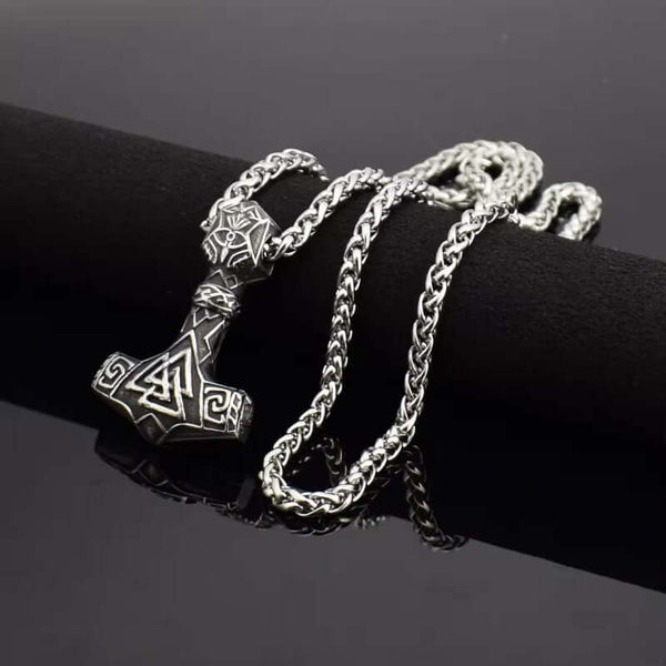 VIKING THOR HAMMER VALKNUT SILVER - Pure Titanium Steel Necklace with 24 inch Chain for Men & Boys