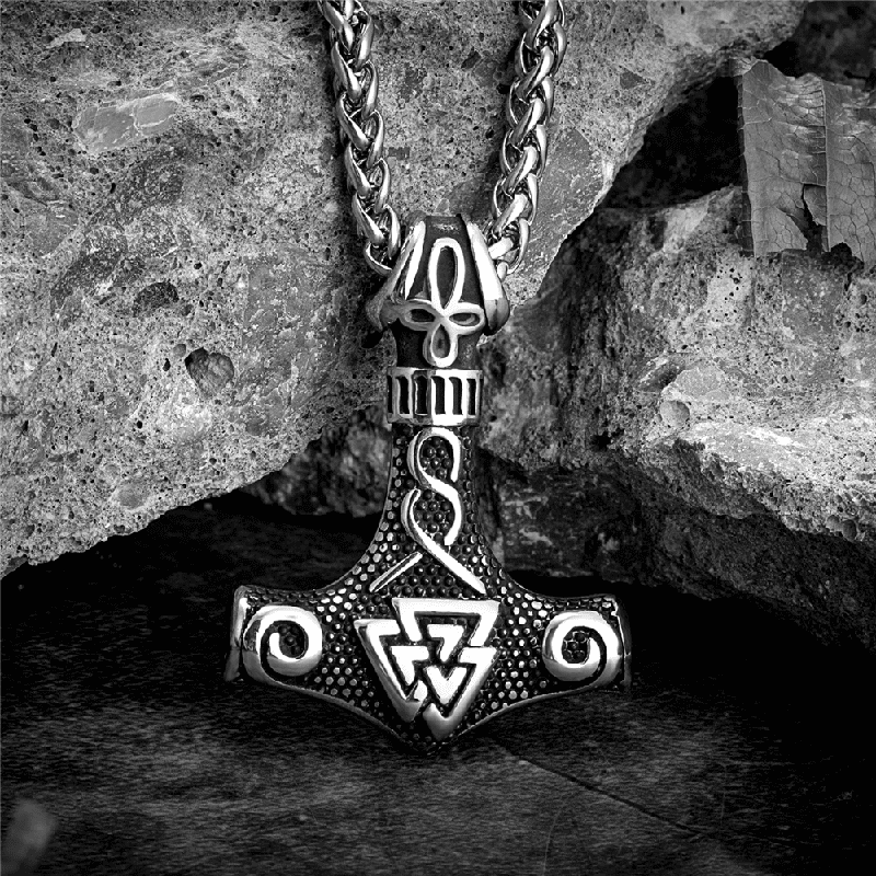 VIKING THOR HAMMER VALKNUT SILVER - Pure Titanium Steel Necklace with 24 inch Chain for Men & Boys - THE MEN THING