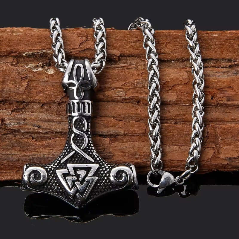 VIKING THOR HAMMER VALKNUT SILVER - Pure Titanium Steel Necklace with 24 inch Chain for Men & Boys - THE MEN THING