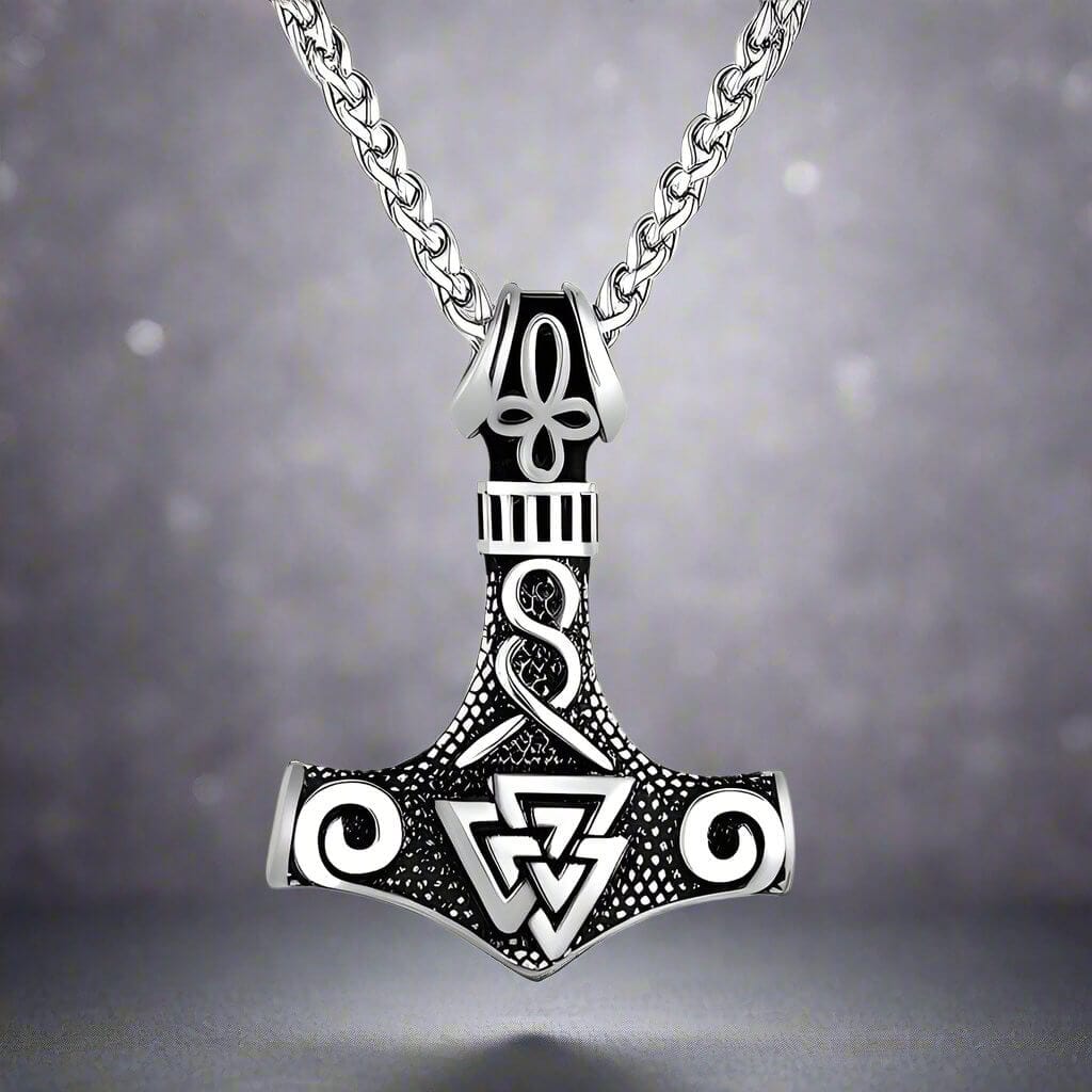 VIKING THOR HAMMER VALKNUT SILVER - Pure Titanium Steel Necklace with 24 inch Chain for Men & Boys - THE MEN THING