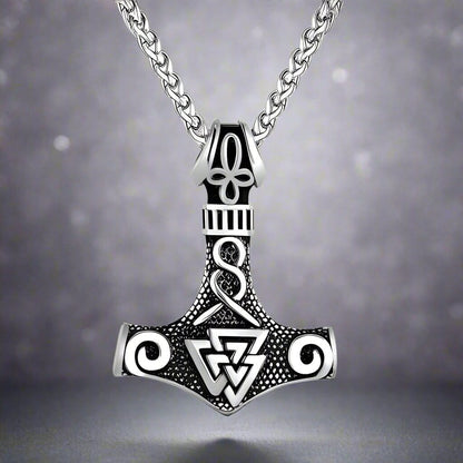 VIKING THOR HAMMER VALKNUT SILVER - Pure Titanium Steel Necklace with 24 inch Chain for Men & Boys - THE MEN THING