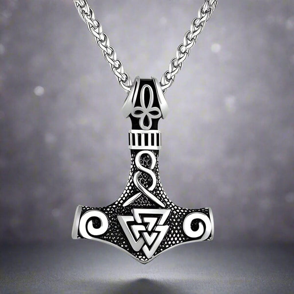 VIKING THOR HAMMER VALKNUT SILVER - Pure Titanium Steel Necklace with 24 inch Chain for Men & Boys