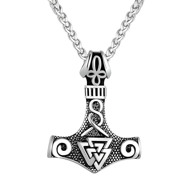 VIKING THOR HAMMER VALKNUT SILVER - Pure Titanium Steel Necklace with 24 inch Chain for Men & Boys - THE MEN THING