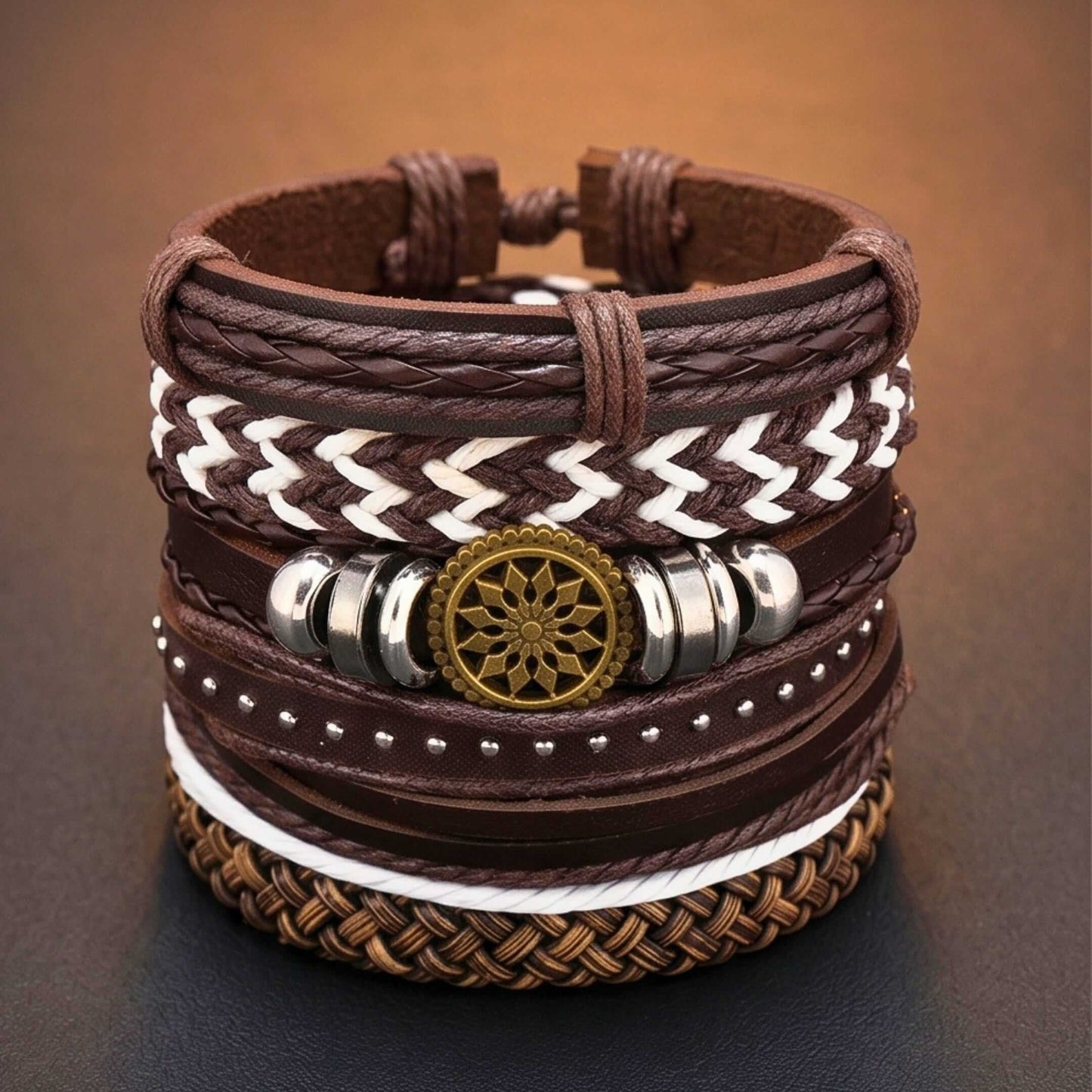 VIKING TRAIL - 6 Pcs Genuine Leather Adjustable Bracelet for Men & Boys - THE MEN THING
