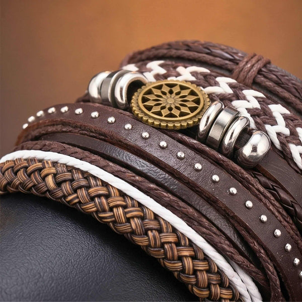 VIKING TRAIL - 6 Pcs Genuine Leather Adjustable Bracelet for Men & Boys
