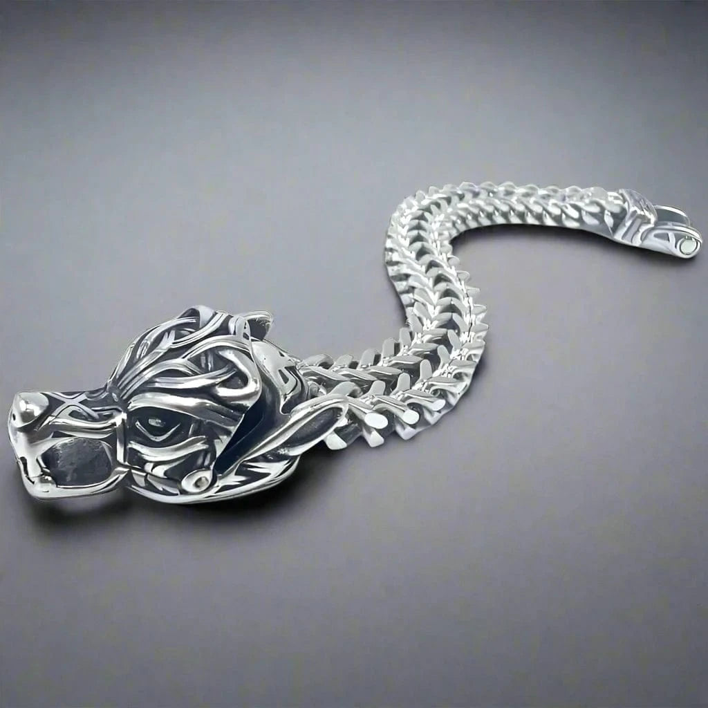 VIKING WOLF HEAD -  12mm Pure Titanium Steel Bracelet, American trending Style -  Norse Bracelet for Men & Boys (8inch) - THE MEN THING