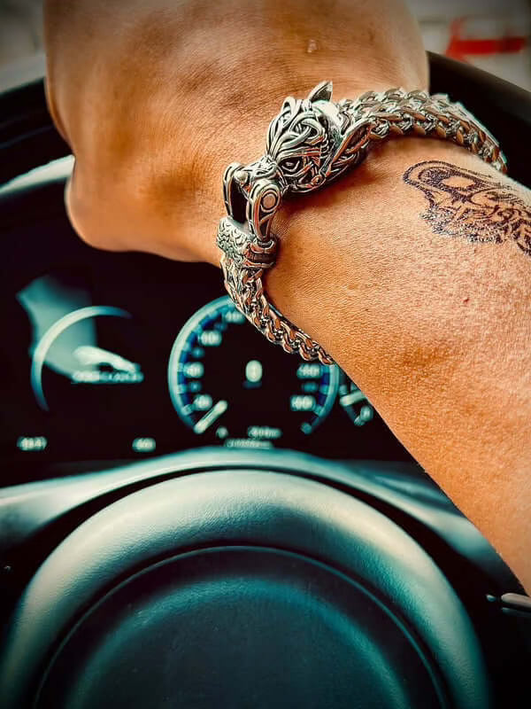VIKING WOLF HEAD -  12mm Pure Titanium Steel Bracelet, American trending Style -  Norse Bracelet for Men & Boys (8inch) - THE MEN THING