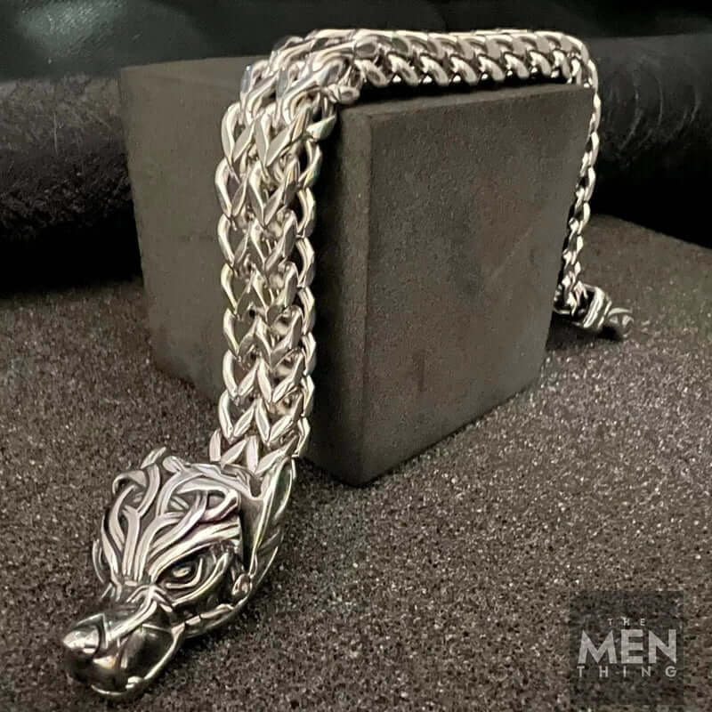 VIKING WOLF HEAD -  12mm Pure Titanium Steel Bracelet, American trending Style -  Norse Bracelet for Men & Boys (8inch) - THE MEN THING