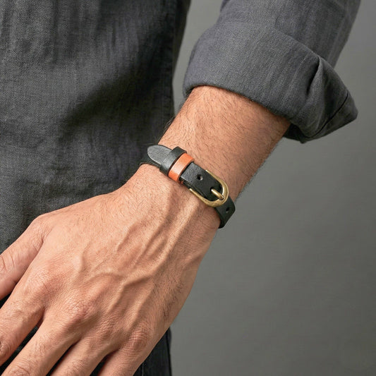 VINTAGE LOOP - 10mm Black Genuine Leather Adjustable Bracelet for Men & Boys (8.8 inch) - THE MEN THING