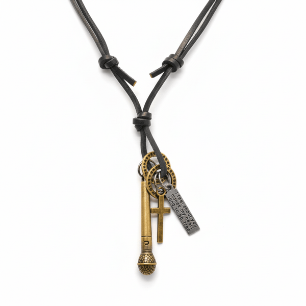 VINTAGE MIC CHARM – 2-Inch Pure Stainless Steel Pendant with Adjustable Leather Rope for Men & Boys