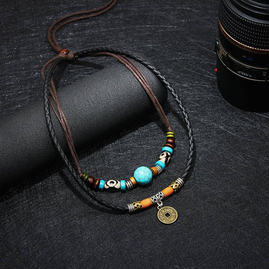 VINTAGE RETRO COIN -  Two-Layered Necklace With Wax Rope And Faux Adjustable Necklace For Men And Boys. - THE MEN THING