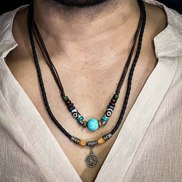VINTAGE RETRO COIN -  Two-Layered Necklace With Wax Rope And Faux Adjustable Necklace For Men And Boys.