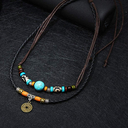 VINTAGE RETRO COIN -  Two-Layered Necklace With Wax Rope And Faux Adjustable Necklace For Men And Boys. - THE MEN THING