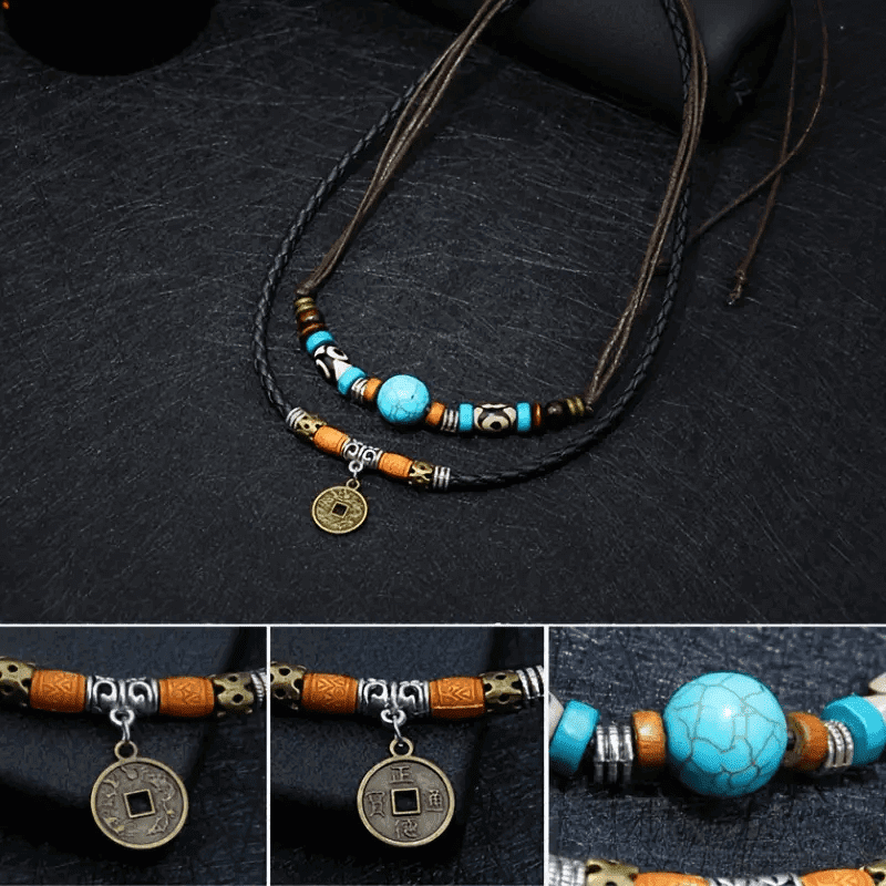 VINTAGE RETRO COIN -  Two-Layered Necklace With Wax Rope And Faux Adjustable Necklace For Men And Boys. - THE MEN THING