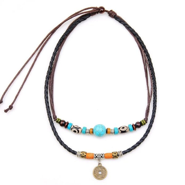 VINTAGE RETRO COIN -  Two-Layered Necklace With Wax Rope And Faux Adjustable Necklace For Men And Boys.