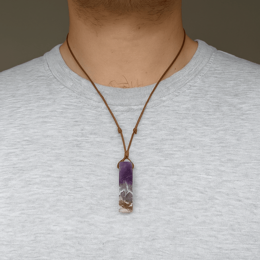 VIOLET APEX - Natural Crystal Unshaped Pendant with Adjustable Rope Chain for Men and Boys — Leather Necklace for Men | THE MEN THING