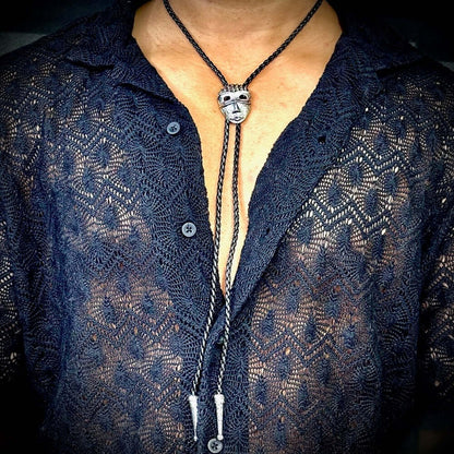 VISAGE MASK - Retro Alloy Pendant Bolo Tie | Adjustable Genuine Leather Cowboy Necktie Necklace for Men & Boys - THE MEN THING