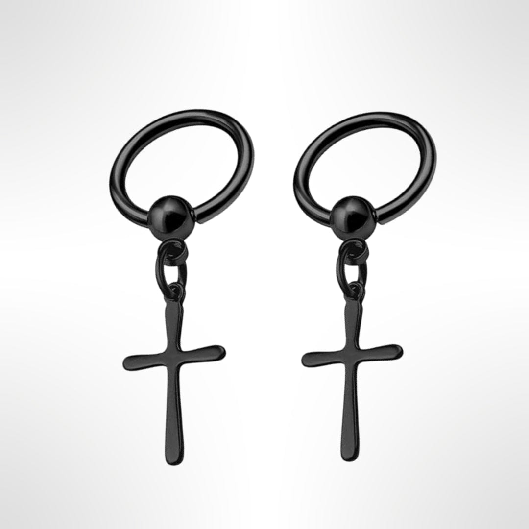 VOIDWALKER BLACK CROSS - Titanium Steel Hoop Earrings for Men & Boys (2 Pcs) - THE MEN THING
