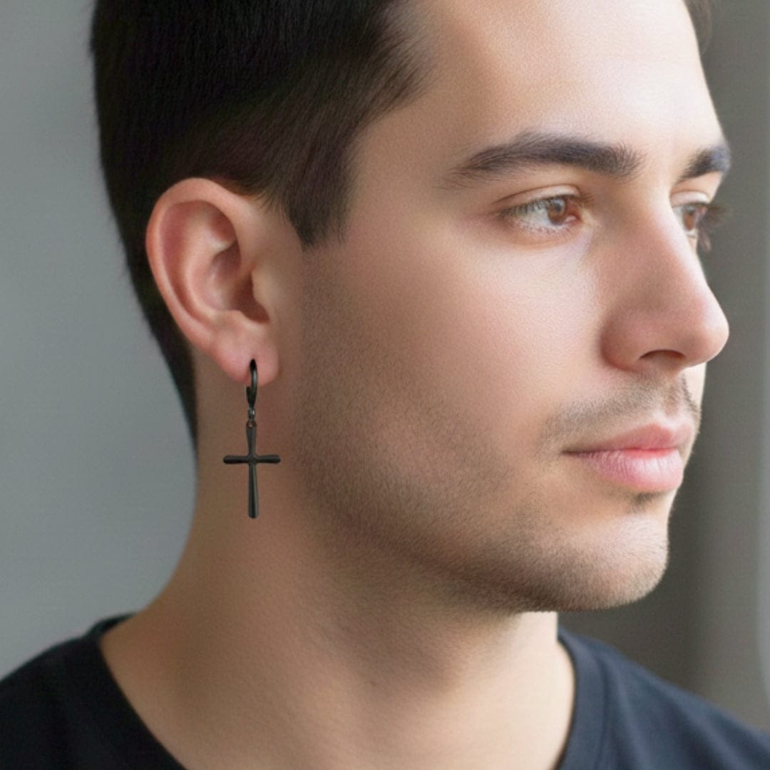 VOIDWALKER BLACK CROSS - Titanium Steel Hoop Earrings for Men & Boys (2 Pcs) - THE MEN THING