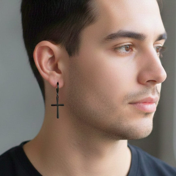 VOIDWALKER BLACK CROSS - Titanium Steel Hoop Earrings for Men & Boys (2 Pcs)