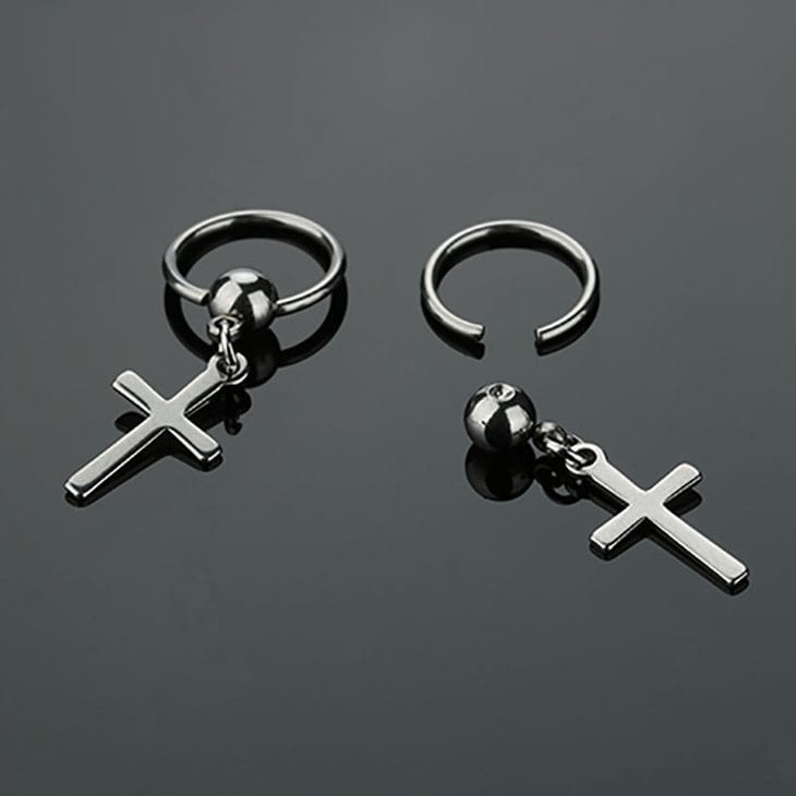 VOIDWALKER SILVER CROSS - Titanium Steel Hoop Earrings for Men & Boys (2 Pcs) - THE MEN THING