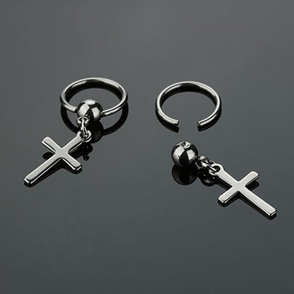 VOIDWALKER SILVER CROSS - Titanium Steel Hoop Earrings for Men & Boys (2 Pcs) - THE MEN THING