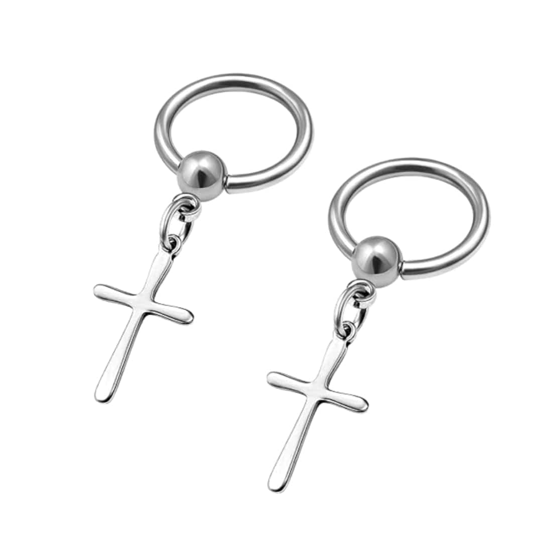 VOIDWALKER SILVER CROSS - Titanium Steel Hoop Earrings for Men & Boys (2 Pcs) - THE MEN THING