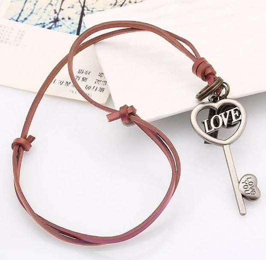 Vintage Alloy Key Heart Ring Pendant with Adjustable Pure Dark Orange Leather Cord Necklace for Men & Boys - THE MEN THING