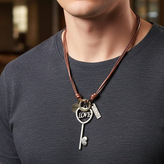Vintage Alloy Key Heart Ring Pendant with Adjustable Pure Dark Orange Leather Cord Necklace for Men & Boys - THE MEN THING
