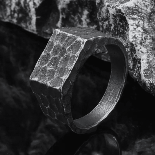 WARLORD BLACK HAMMERED RING - Black Titanium Steel Ring - Pure Titanium Steel Ring for Men Size - 21 — Rings for Men | THE MEN THING