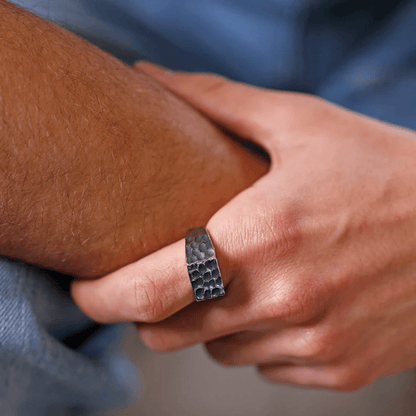 WARLORD BLACK HAMMERED RING - Black Titanium Steel Ring - Pure Titanium Steel Ring for Men Size - 21 — Rings for Men | THE MEN THING